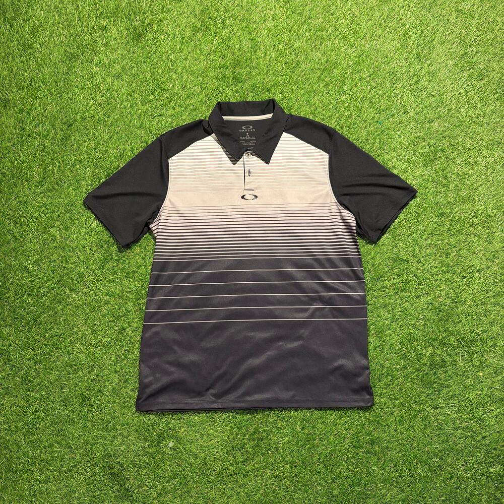 Oakley Men’s Polo Shirt Large Black Gray Gradient Stripe Golf Athletic